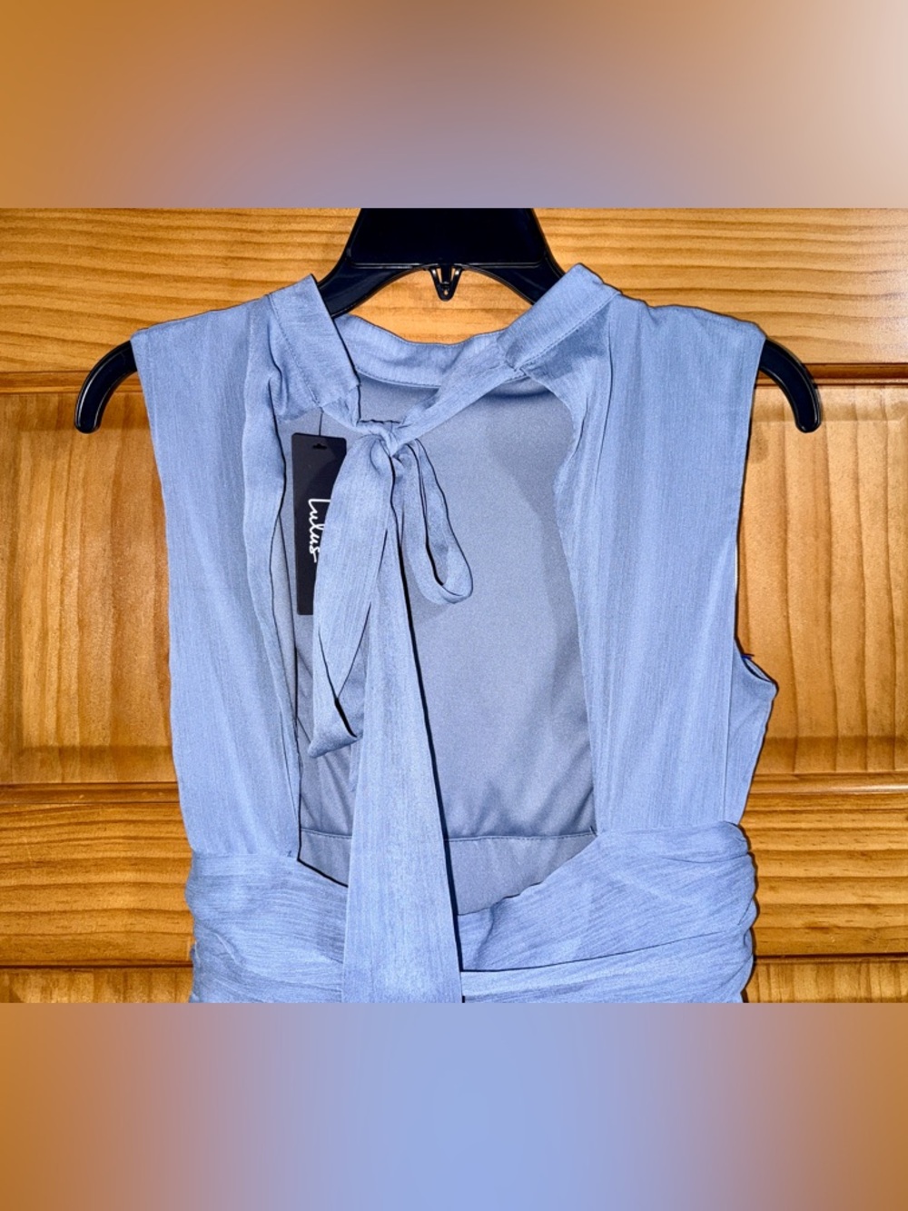 NWT Lulu's Enchantingly Sweet Slate Blue Chiffon Backless Maxi - M - Picture 10 of 16